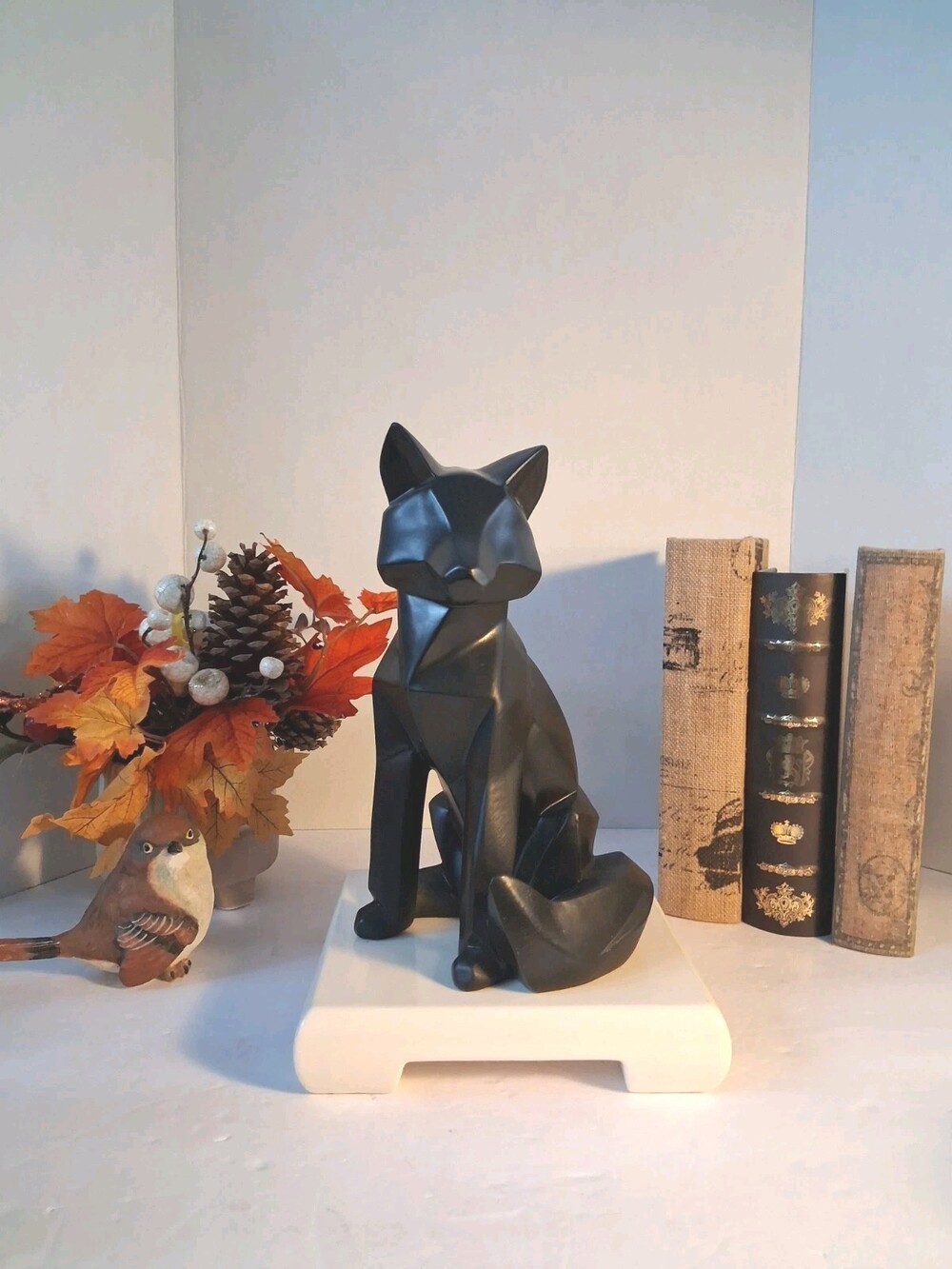 Modern Geometric Matte Black Fox Polyresin Figure; Nordic Minimalist Style; Mint